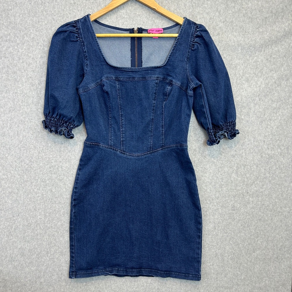 Betsey Johnson Denim Mini Dress Blue Jean Puff Sleeve Square Neck Size Small